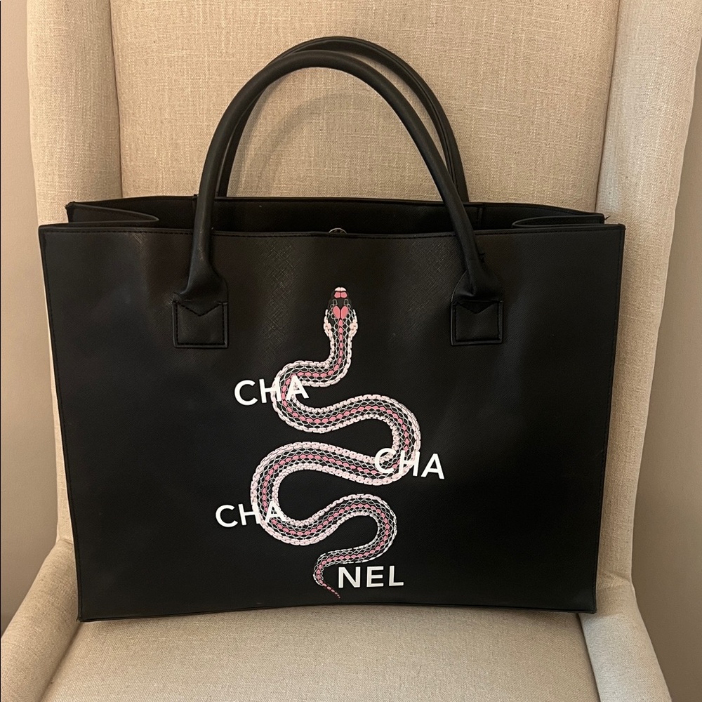 Black Snake-Print Faux Leather Tote - Designer Style